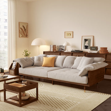 WEHOMZ Modern 3-Seater Sofa in Beige Cotton Linen & Solid Wood Frame